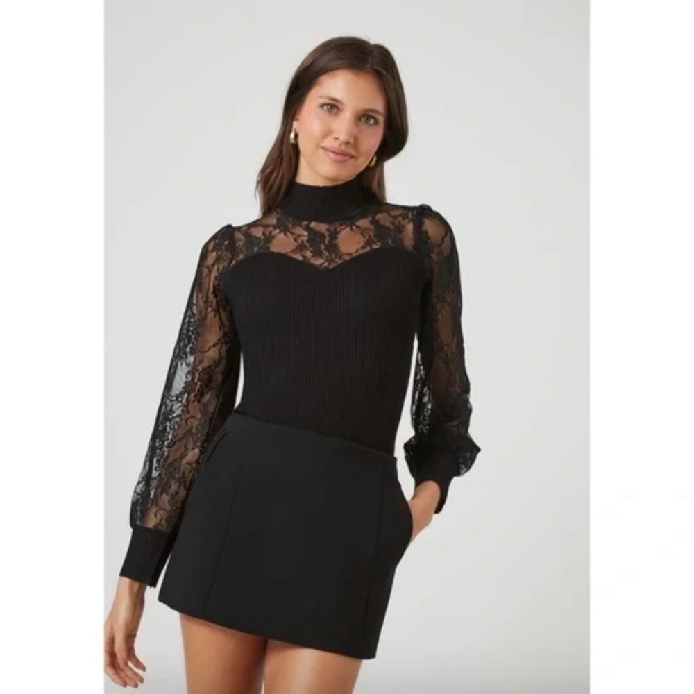 Almost Famous Black Knit Sweater Top with Lace Long Sleeves Large Party